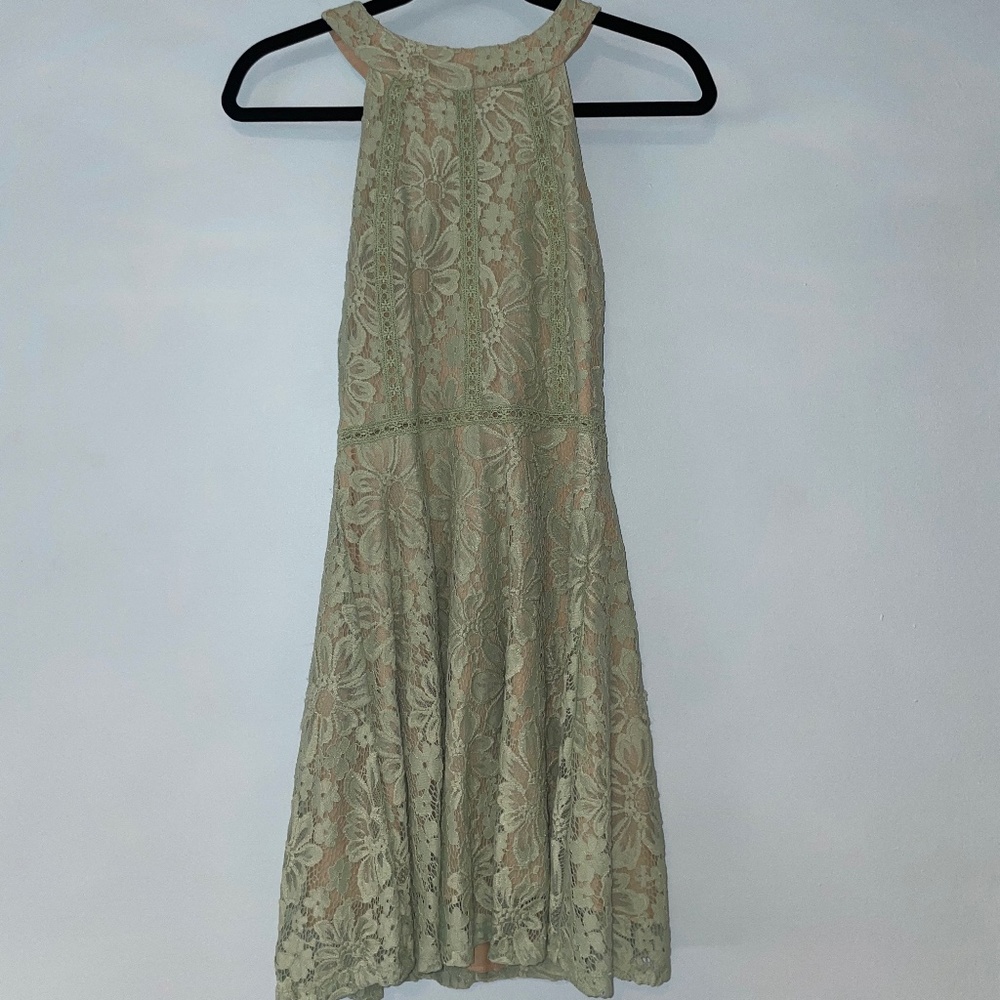 Halter Green Lace Skater Skirt Dress